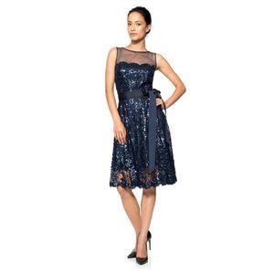 Tadashi Shoji Womens Illusion Yoke Dress 4 Sleeveless Sequins Mesh Navy …
